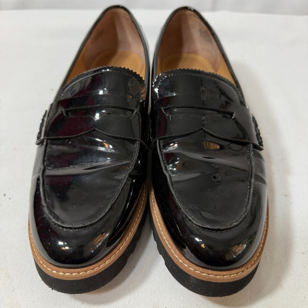Franco Sarto Cedra Black Patent Leather Lug Sole Penny Loafers Womens 9.5M